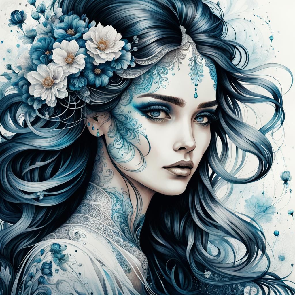 Alcohol Ink Drawing: Woman with Floral Hair