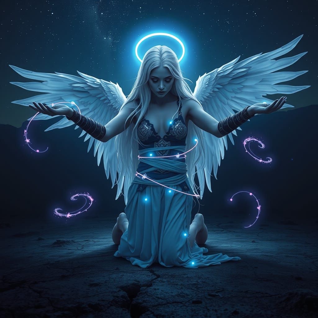 Celestial Dark Angel with Flowing Hair and Cosmic Wings