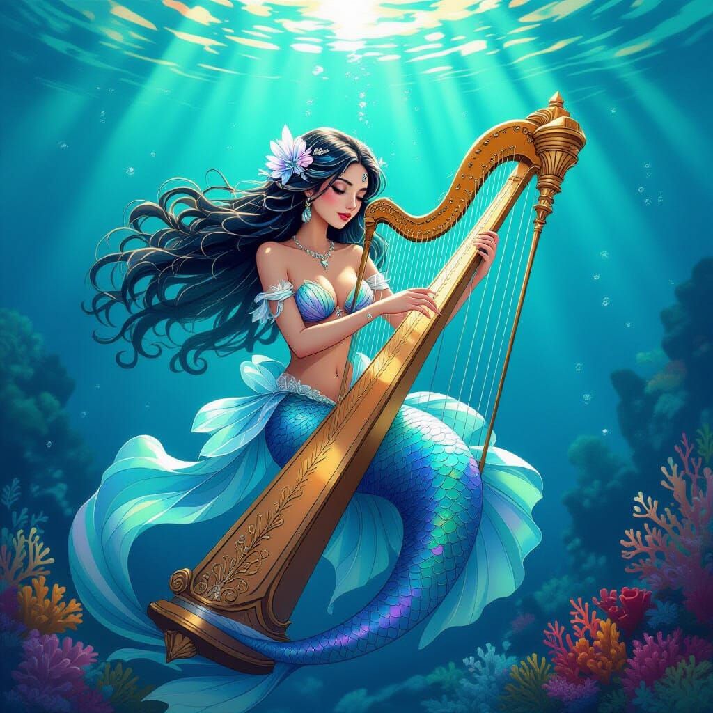Enchanting Mermaid Plays Harp in Underwater Fantasy