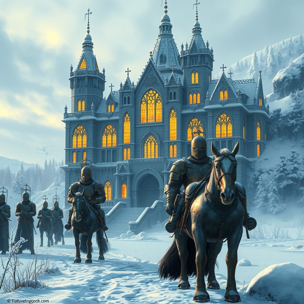 Snow-Dusted Art Deco Castle Amidst Frosty Steampunk Landscap...