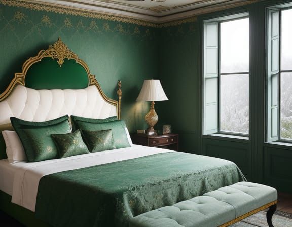 Luxurious Emerald Bedroom with Vintage-Style Elegance