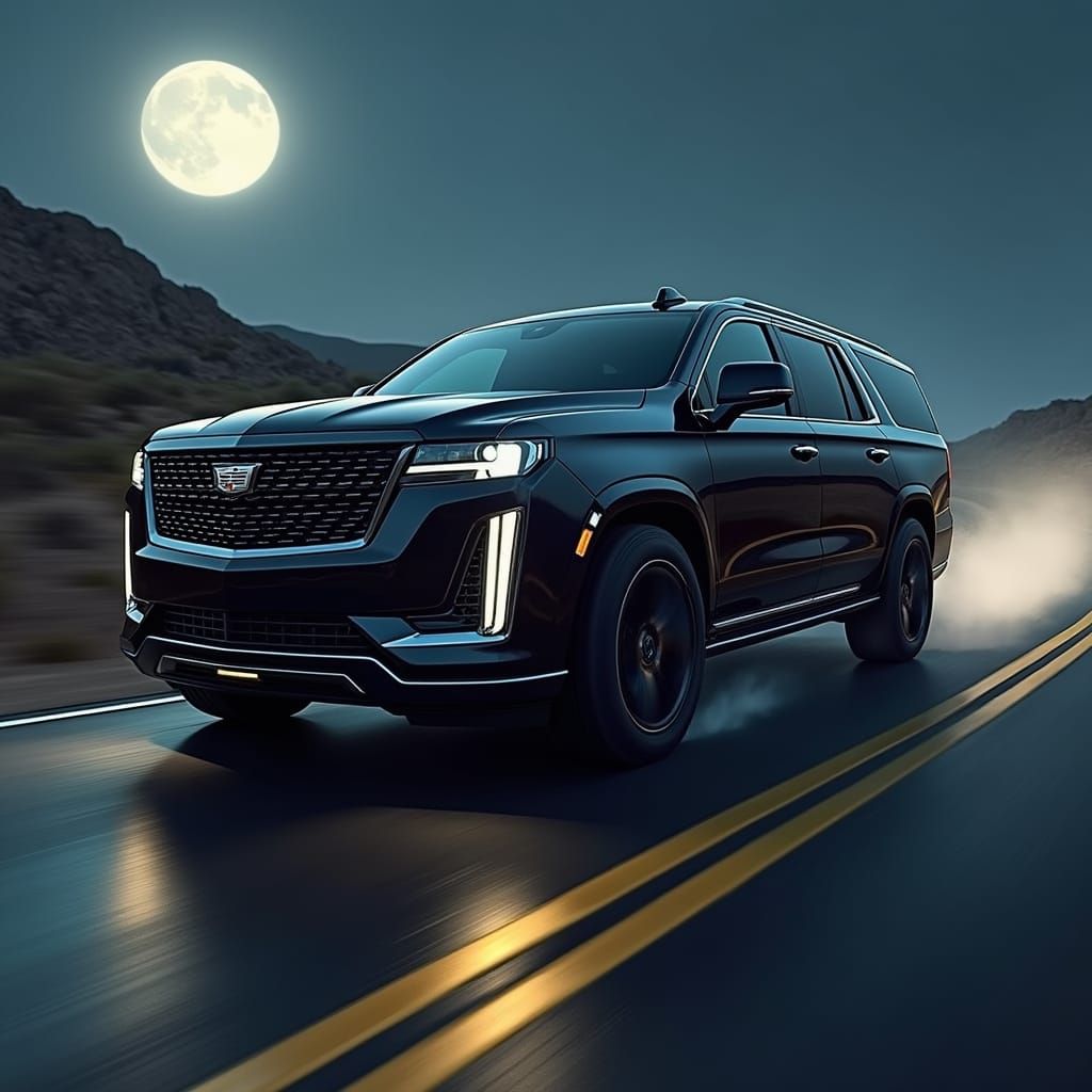 Futuristic Cadillac Escalade Speeds Down Moonlit Highway