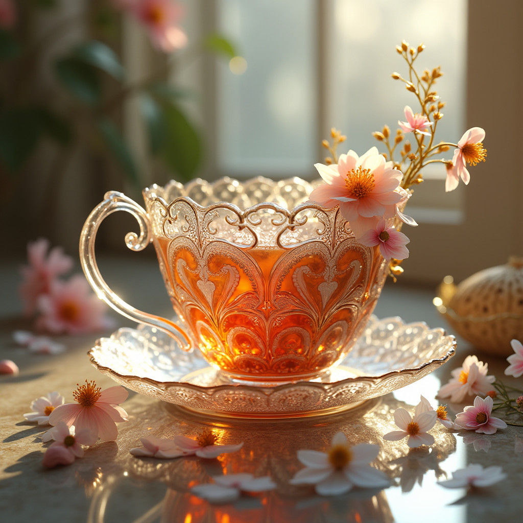 Ornate Glass Teacup with Dried Flowers in Baroque Style