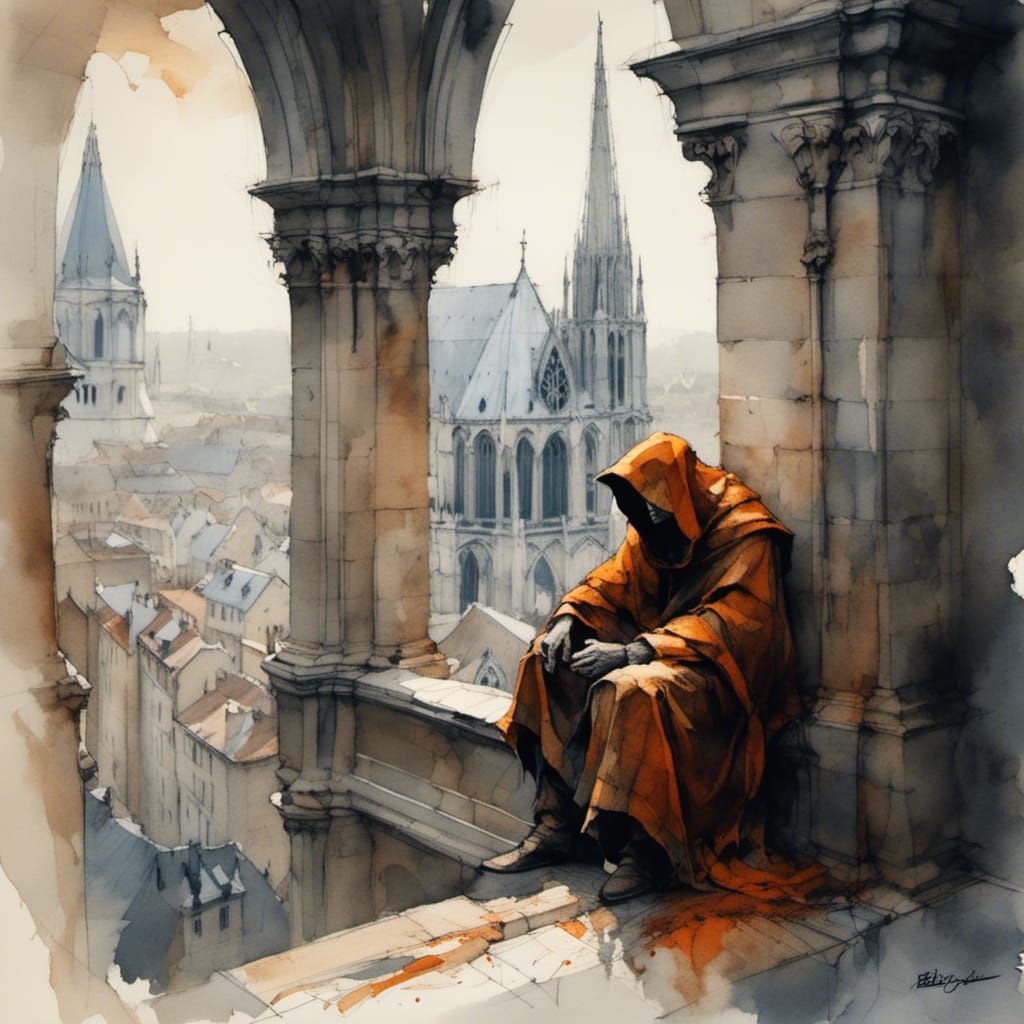 Monk at Notre Dame Cathedral in Watercolor Style