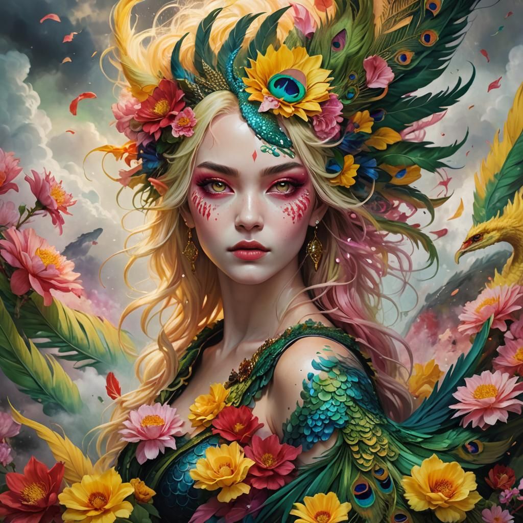 Dragon-Peacock Woman in Hyperrealistic Splash Art