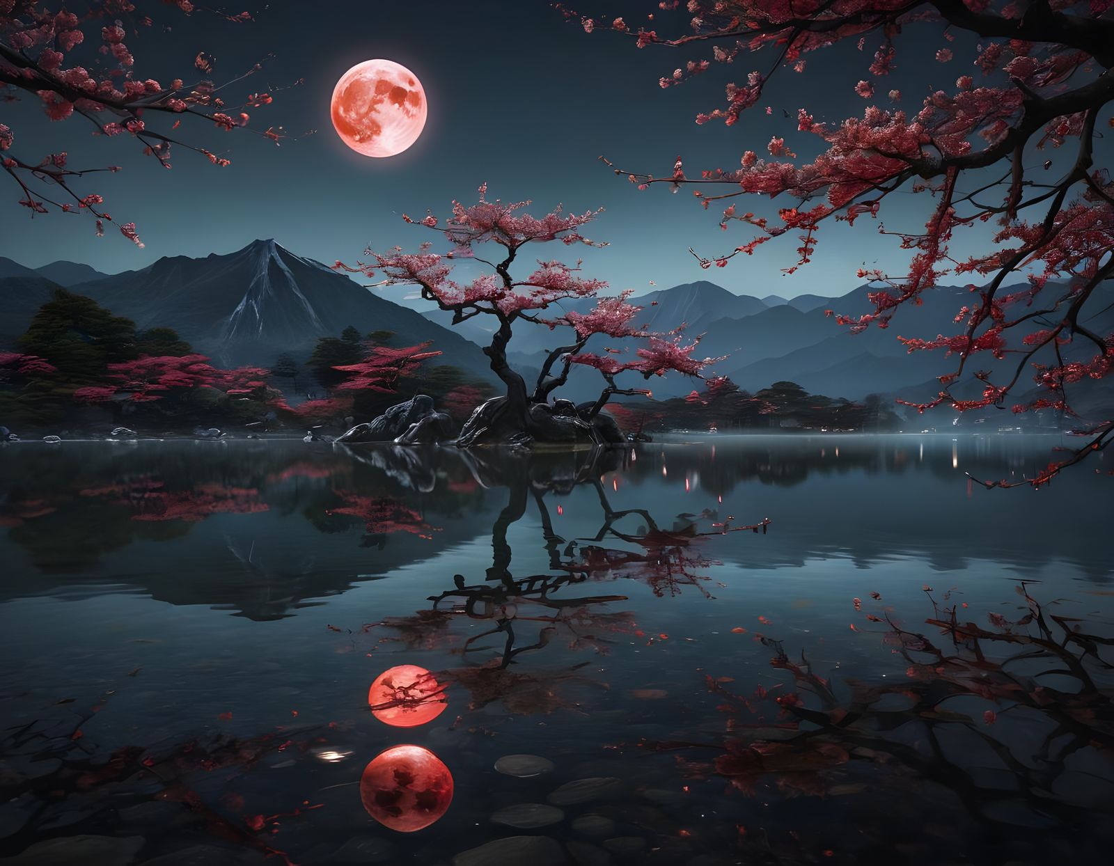Japanese Lake Reflects Bloody Moon: Hyperdetailed Sketch