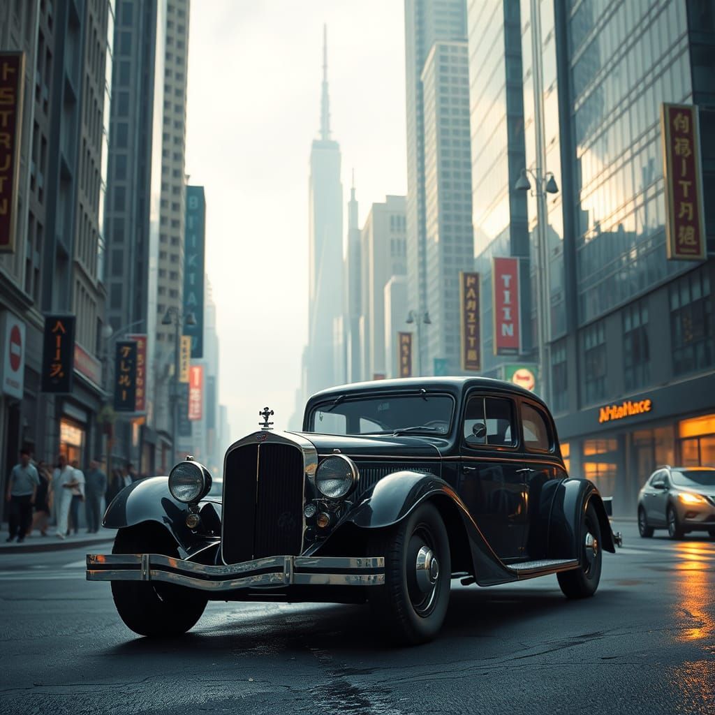 Dystopian Future Street Scene with Vintage Car