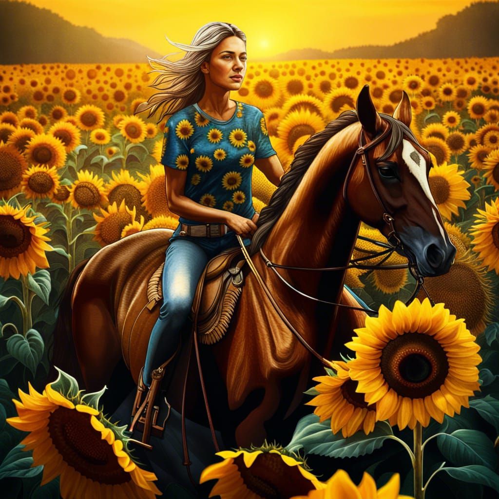 Woman on Horseback in Sunflower Field