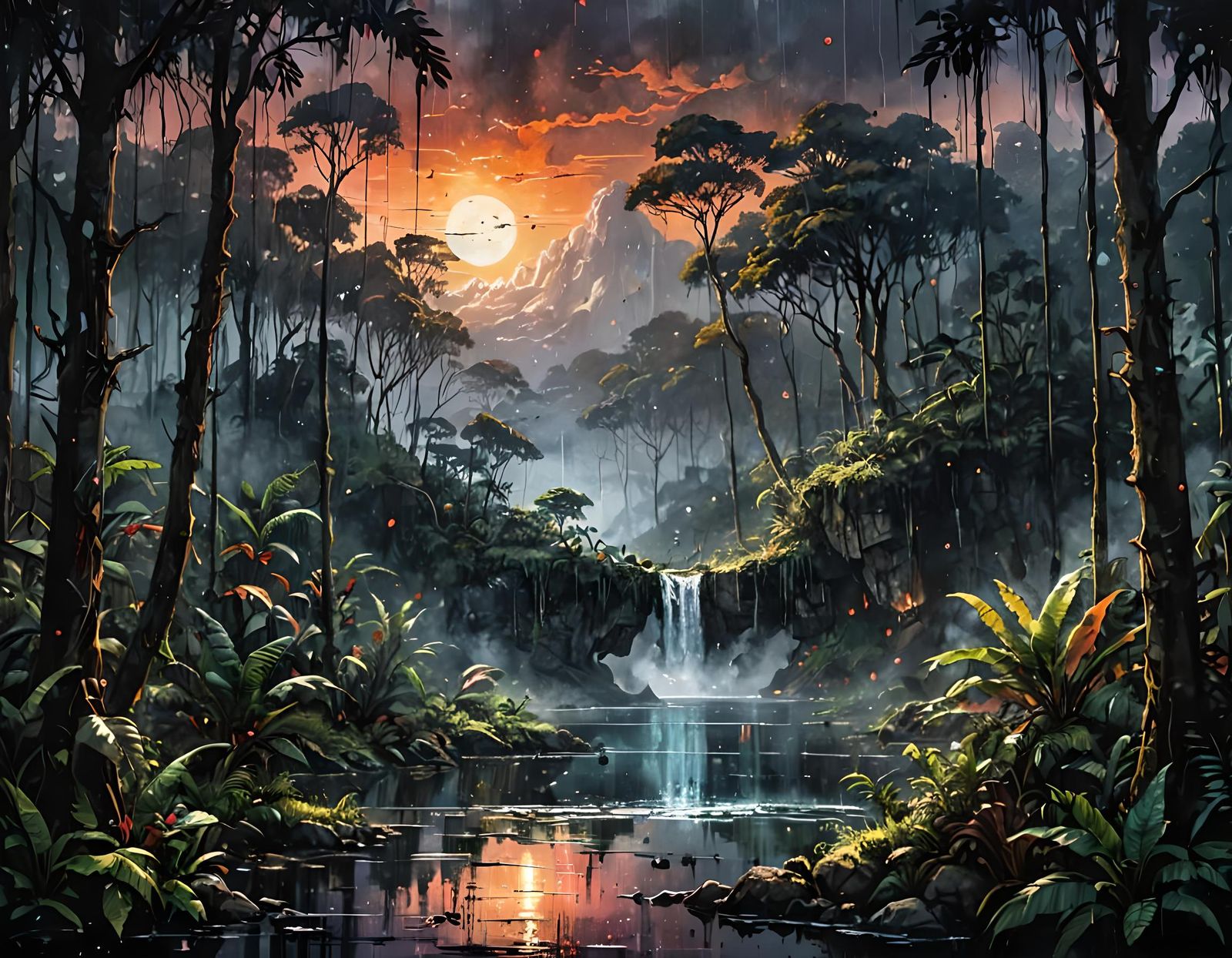 Epic Rainforest Landscape with Blood Moon