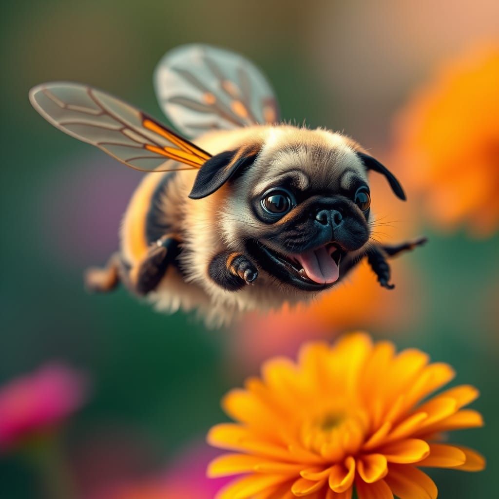 Hyper-Realistic Pug-Bee in Vibrant Flight
