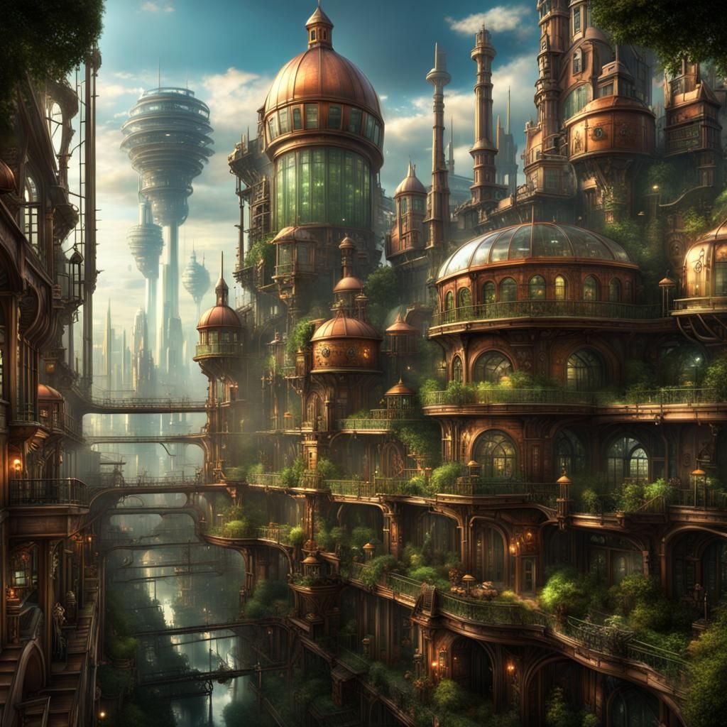 Steampunk City Vista with Clock Tower and Greenhouses