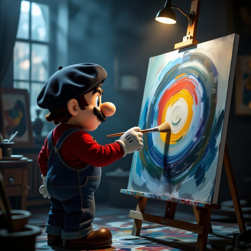 Mario the Artist: A Retro-Futuristic Studio Scene