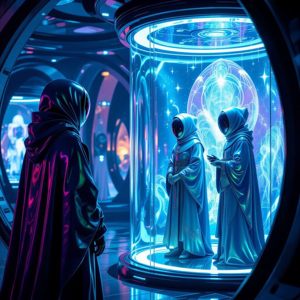 Aliens Observe Humans in Glass Case, Dreamlike Atmosphere