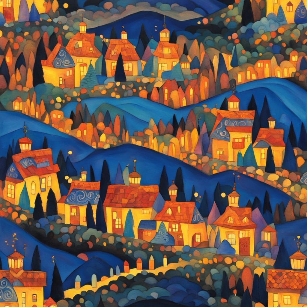 Vibrant Folk Art Village at Dusk