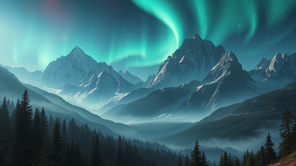 Ethereal Landscape with Aurora Borealis and Lush Forests