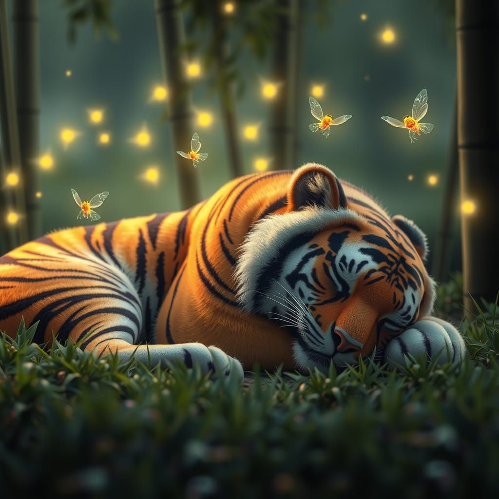Luminous Fireflies Hovering Over Sleeping Tiger: CGI Render