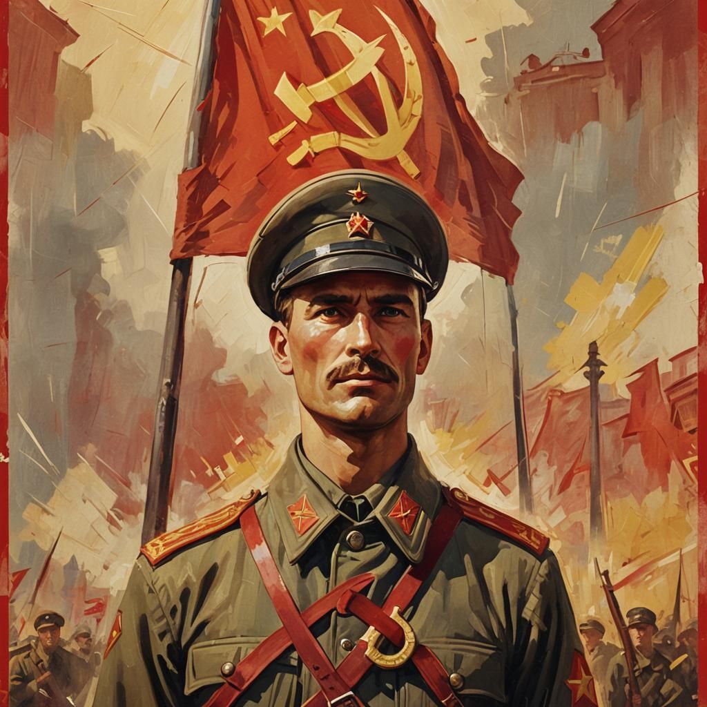 Soviet Soldier Propaganda Poster Art in Oil Painting Style