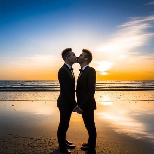 Gay Couple Kissing on Beach at Sunset