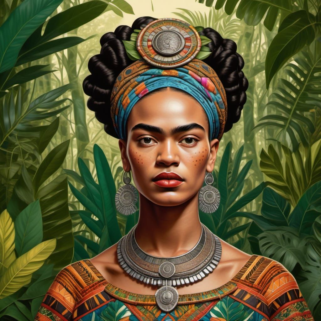 Regal Nubian Queen Portrait in Frida Kahlo Style