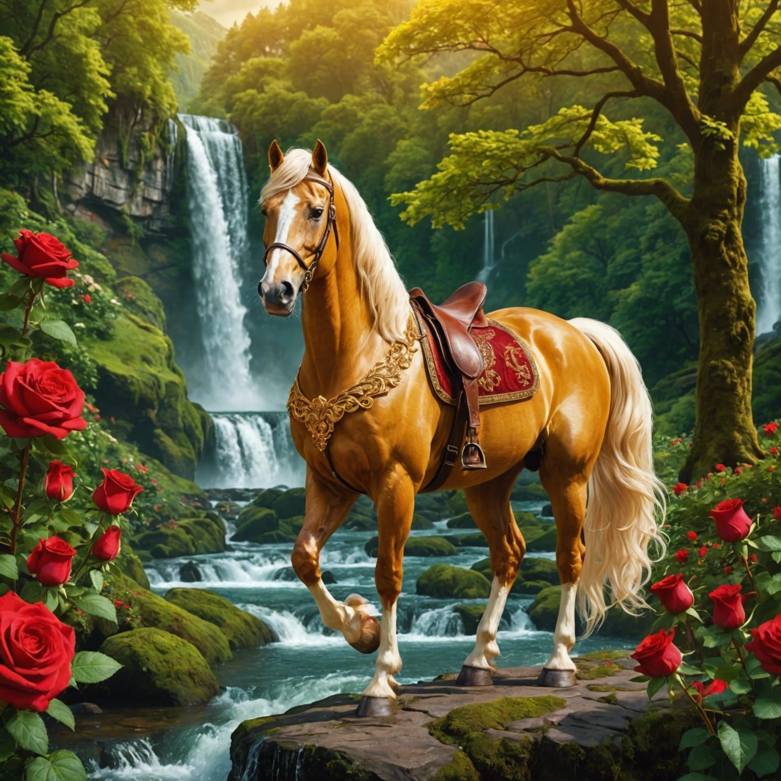 Golden Stallion and Princess in Fantasy Forest