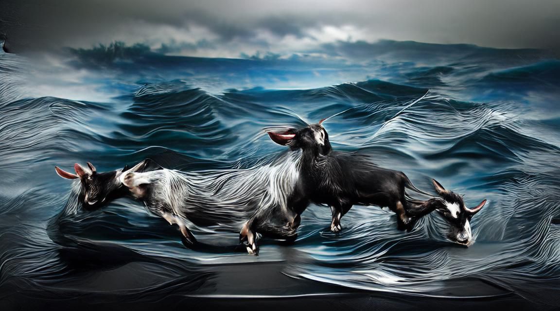 Hyperrealistic Dark Goat Running on Waves