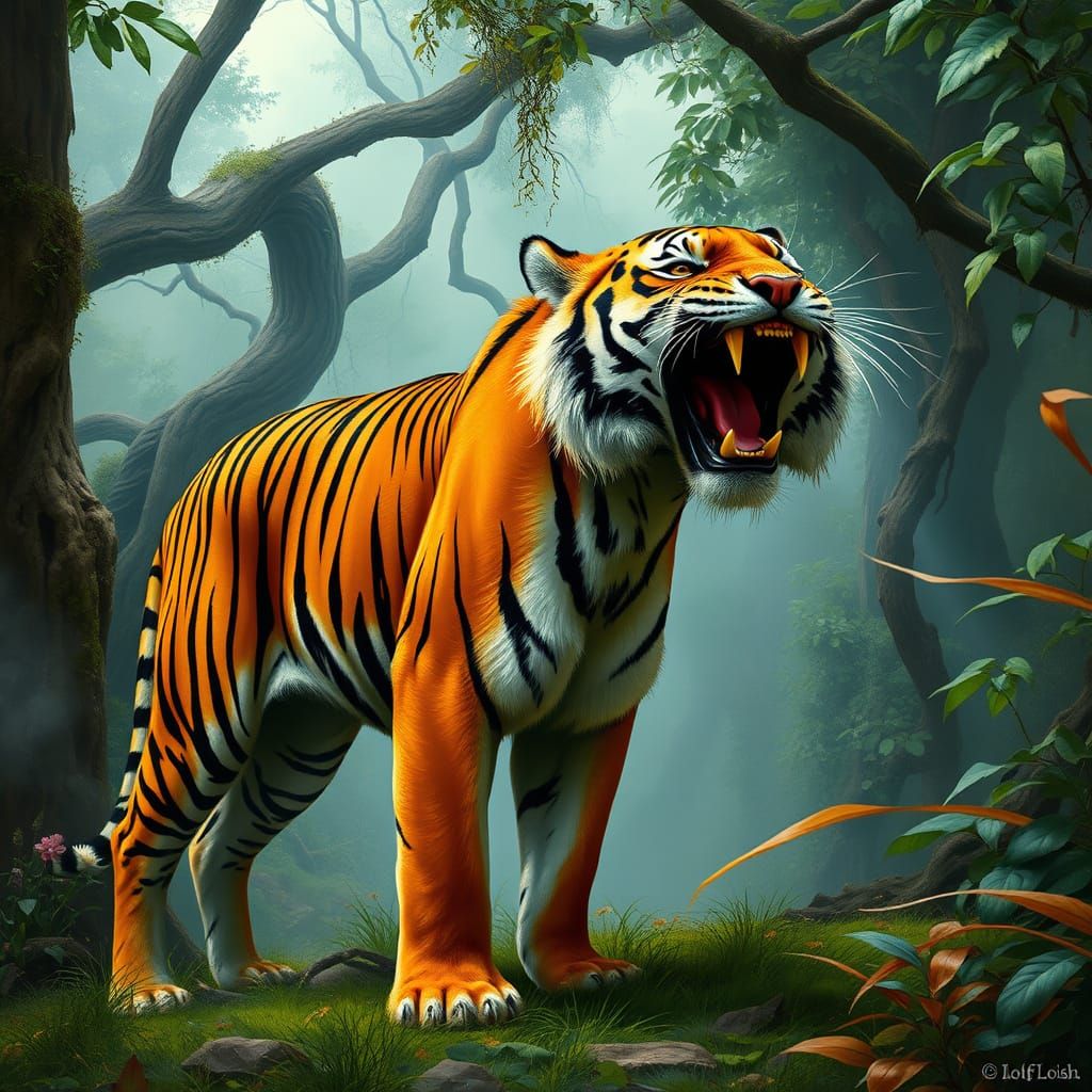 Majestic Tiger Roars in Lush Jungle