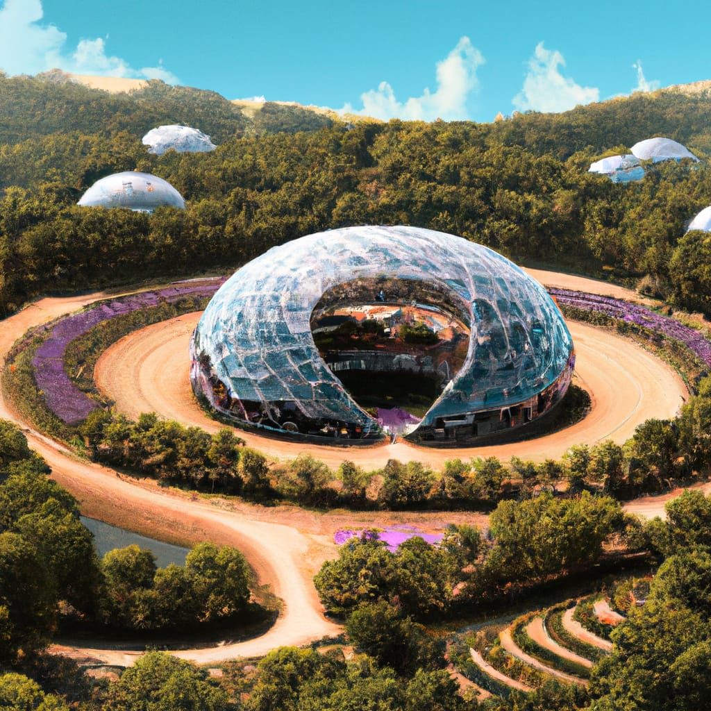 Futuristic Geodesic Dome with Purple Trees, Biophilic Design