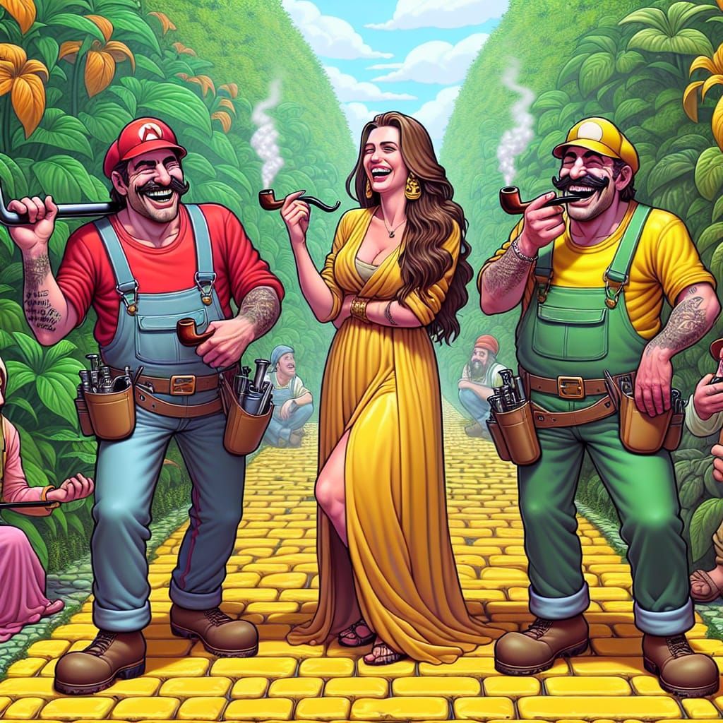 Cartoon Plumbers' Joyful Journey on Yellow Brick Road