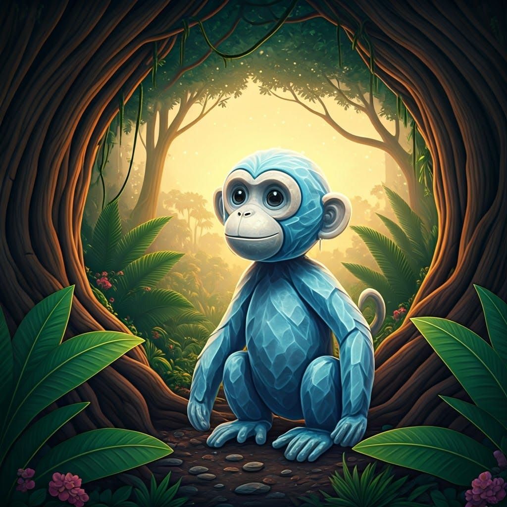 Ice Monkey Sculpture in Vibrant Jungle at Sunset