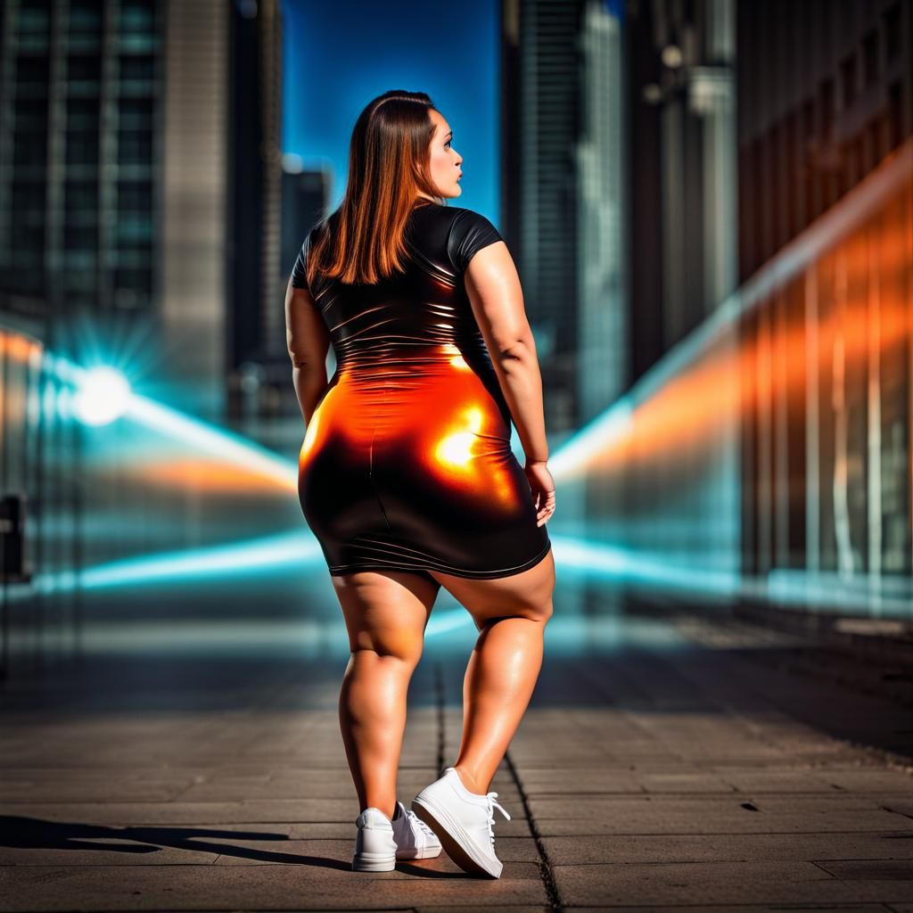 Woman in Iridescent Dress with Orange Aura