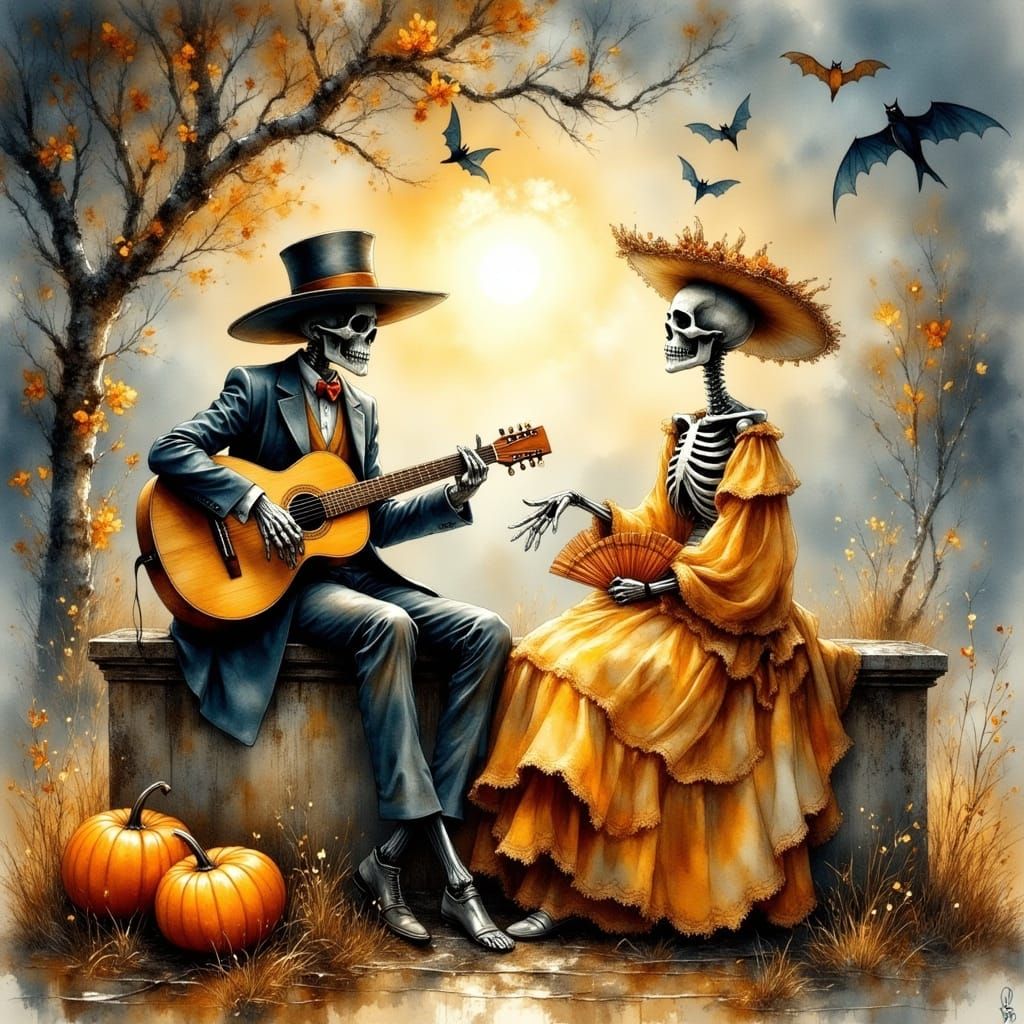 Whimsical Autumn Graveyard Twilight: Skeletons Play Music
