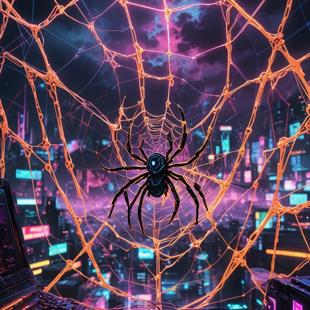 Cyberpunk Spiderweb Connecting Clouds to Computer