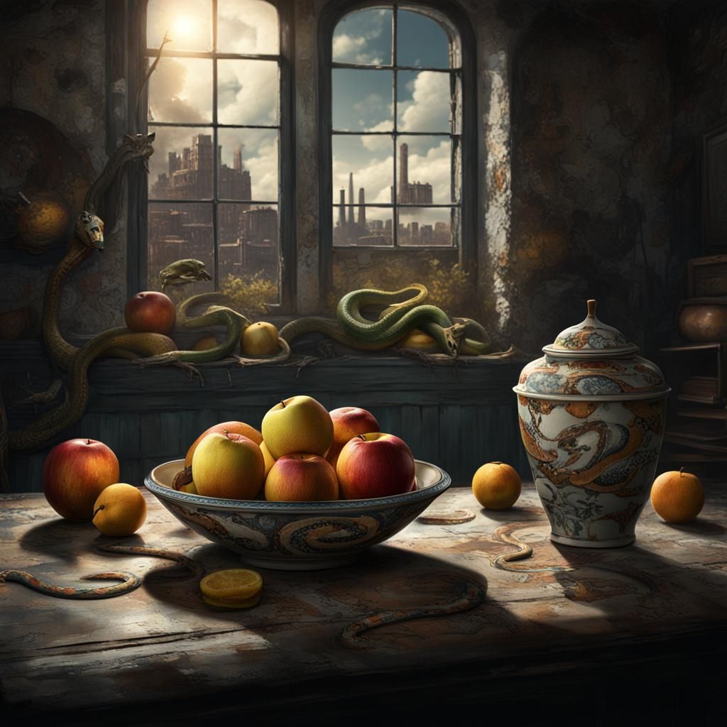 Fruit Bowl in Abandoned Factory, Digital Matte Painting