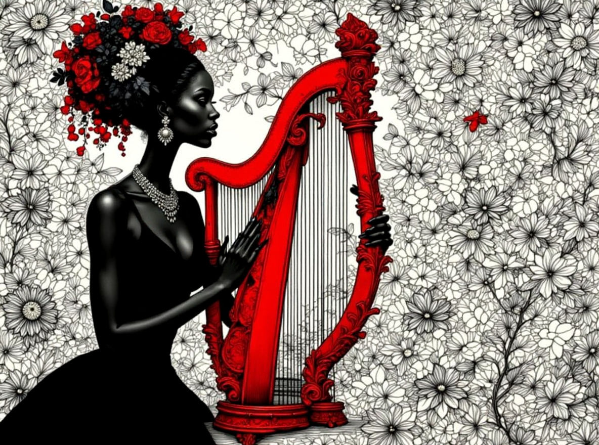 Monochrome Charcoal Drawing of Woman with Magical Harp