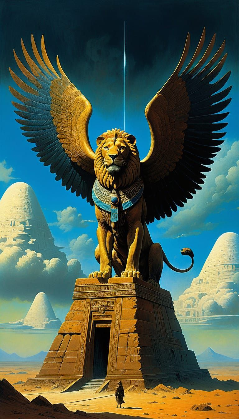 Egyptian Sphinx Soars Through the Sky in Golden Splendor