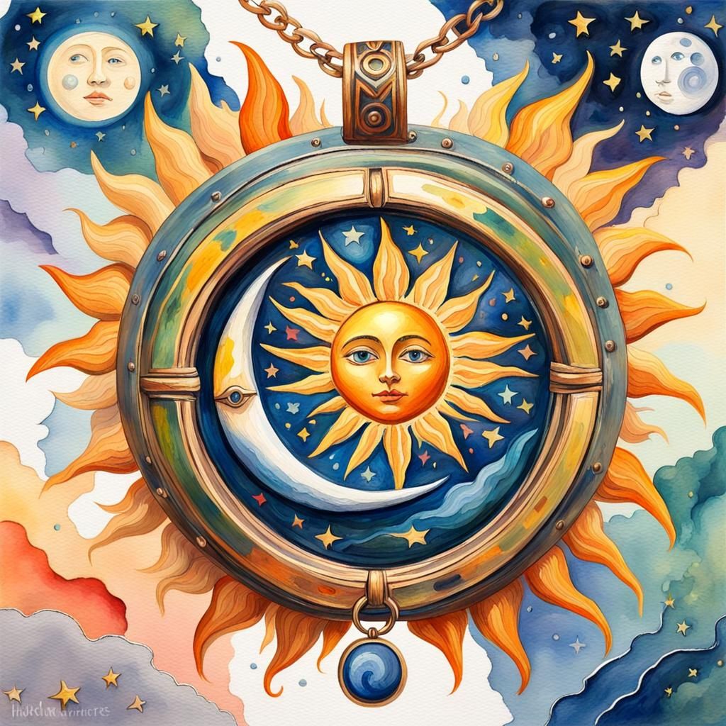 Magical Sun and Moon Locket in Gouache Style