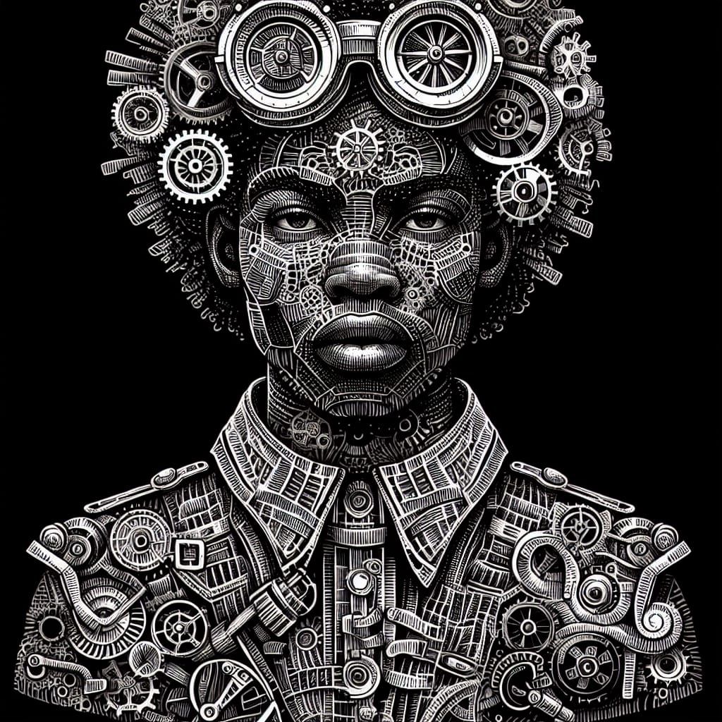 Scribbled Steampunk Portrait of an African Inventor