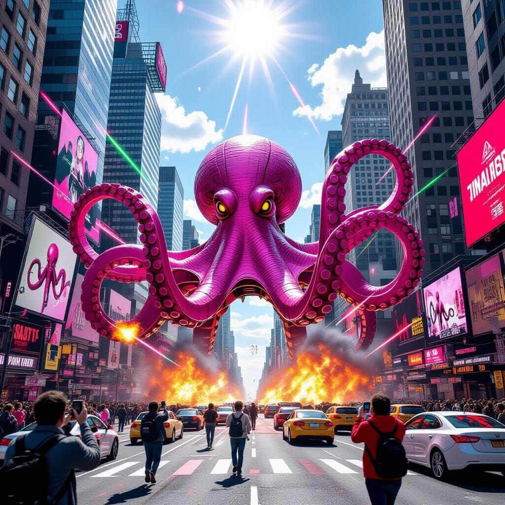 Giant Pink Mecha Octopuses Attack Times Square in Hyperreali...