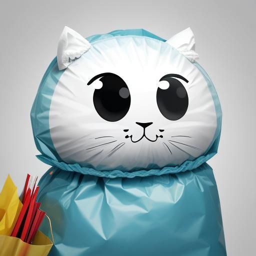 Uncanny Anthropomorphic Fluffy Face with Plastic Bag