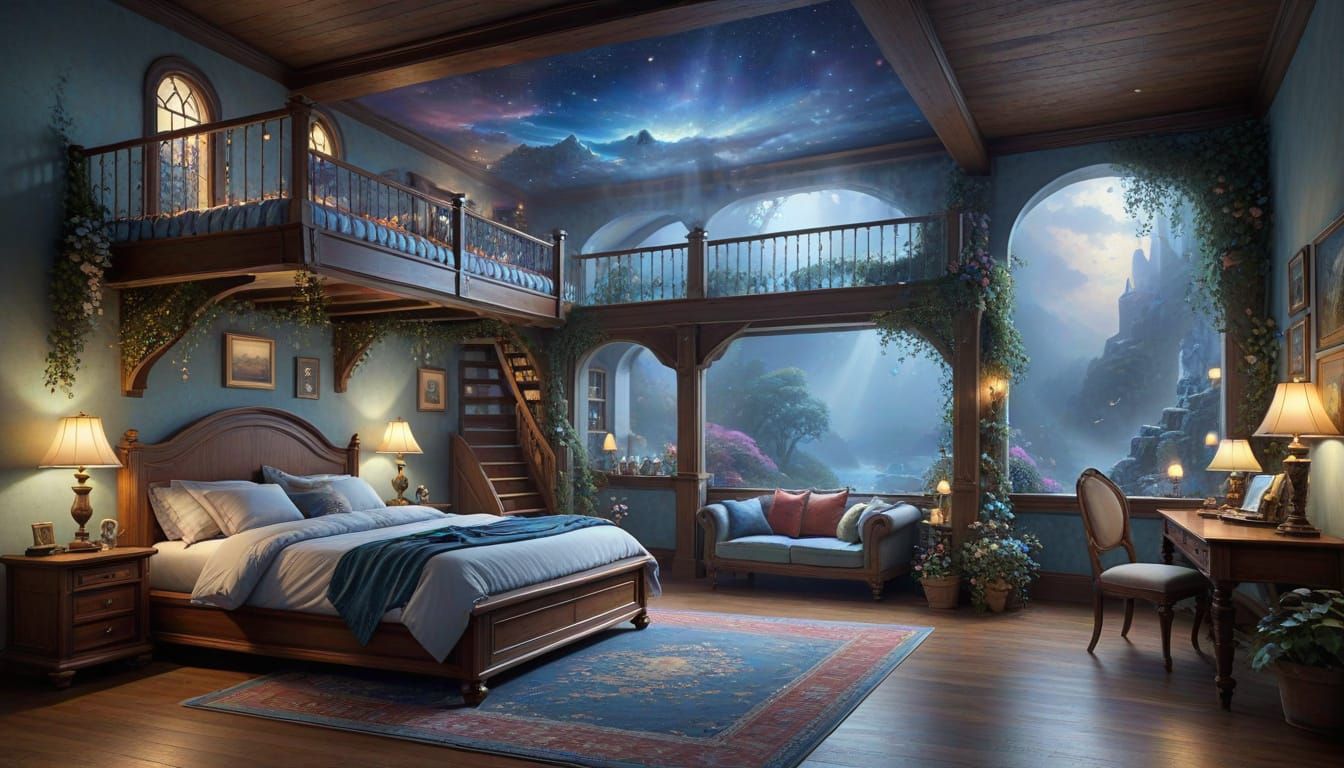 Ethereal Fantasy Loft Bedroom in Mist