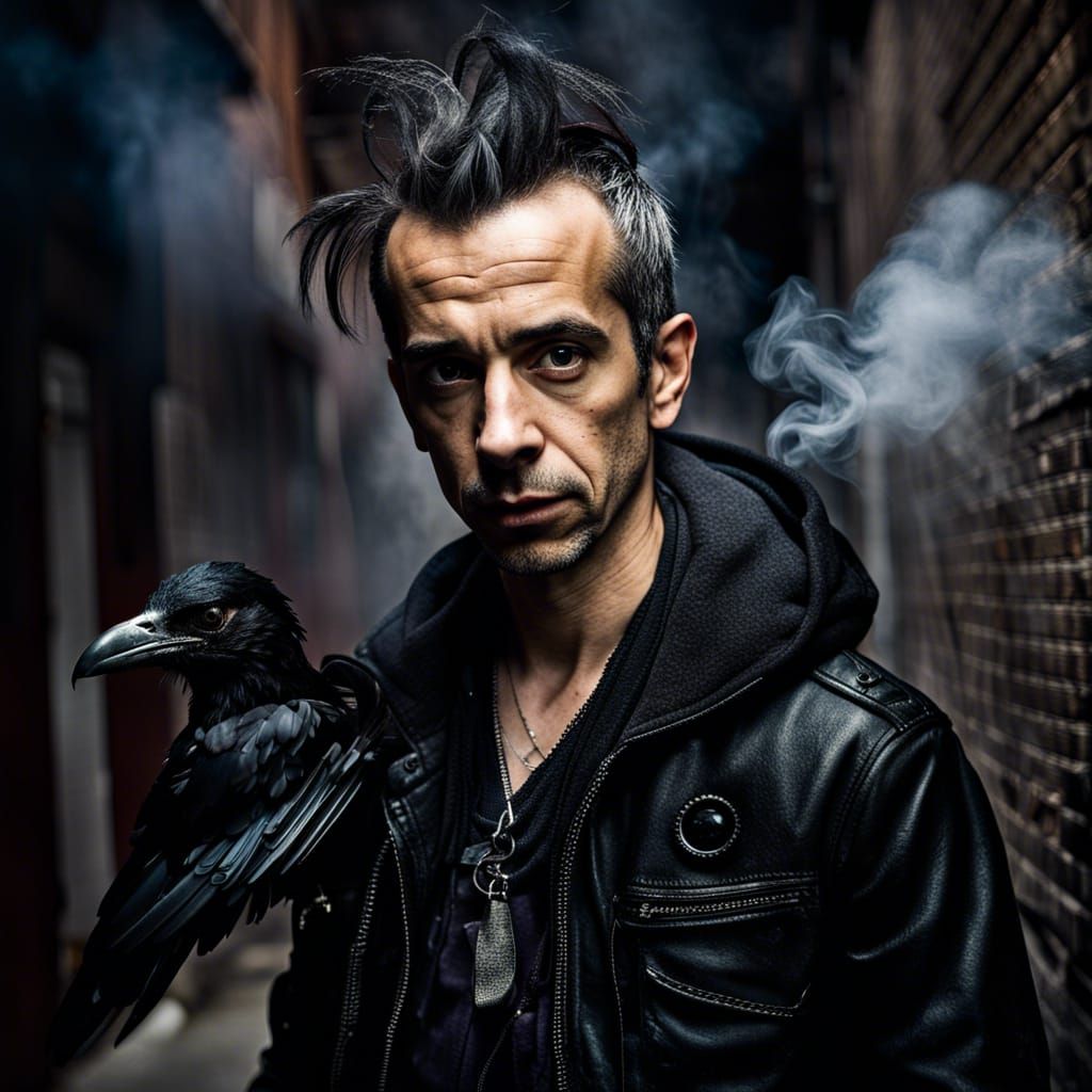 Portrait of Jimmy Urine in an alley, holding a raven