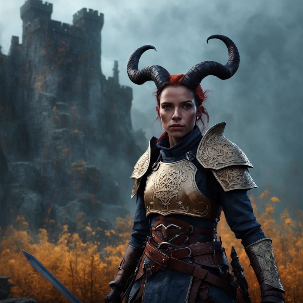Tiefling Warrior Emerges from Ancient Forest Ruins