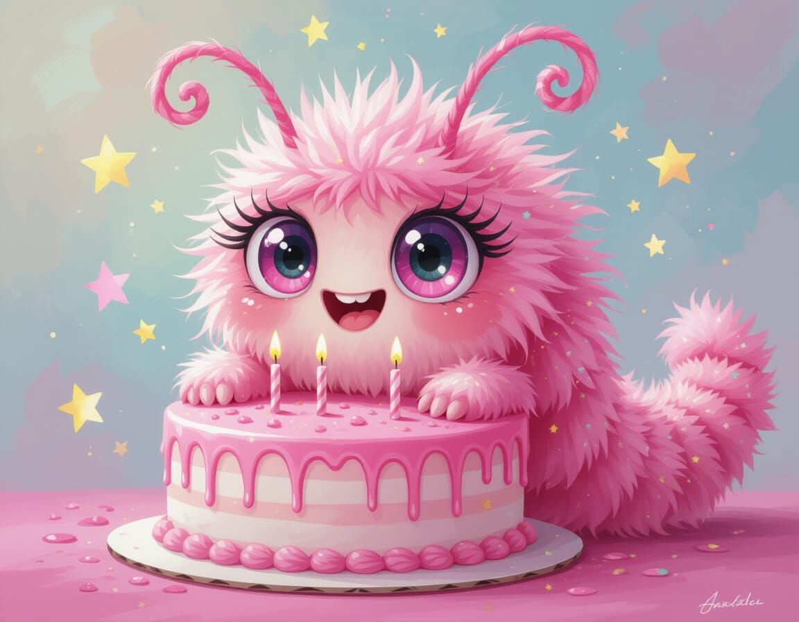 Giant Pink Caterpillar Birthday, Impasto Oil Painting