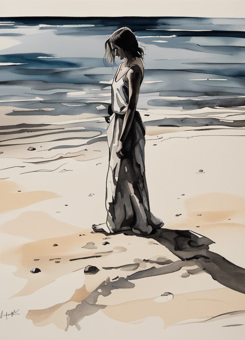 Mallorca Beach: Young Woman in Modern Ink Painting