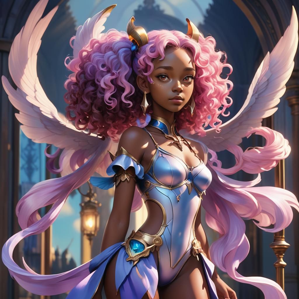 Anime Woman with Horns and Wings in Fantasy Style