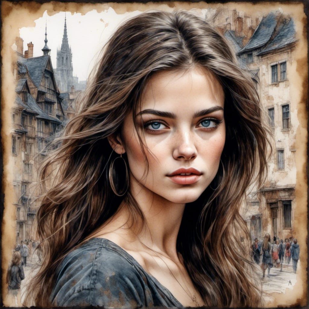 Beautiful Woman in City Street Scene