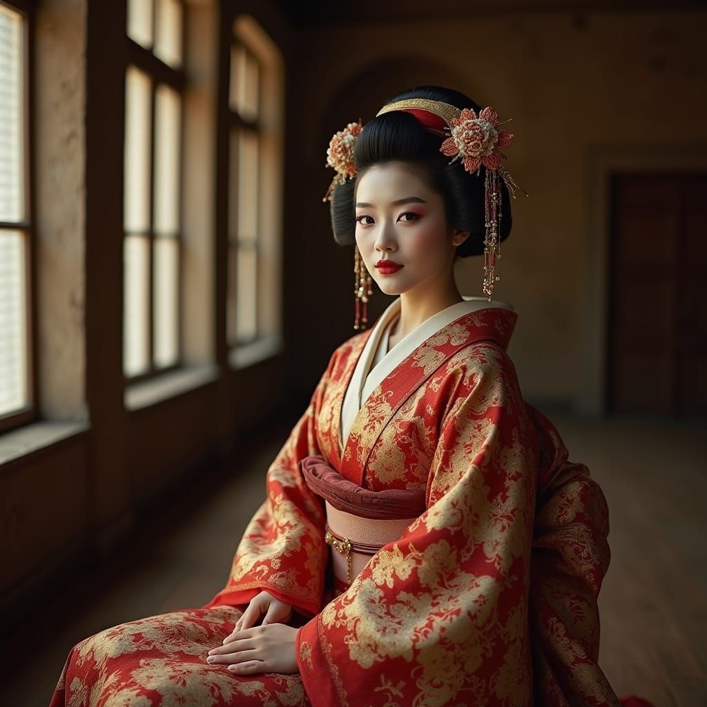 Geisha in Renaissance Room: Fusion of Cultures
