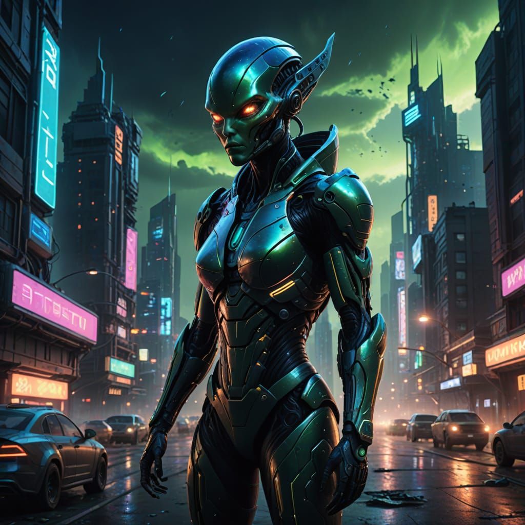 Muscular Alien Woman in Apocalyptic Cityscape