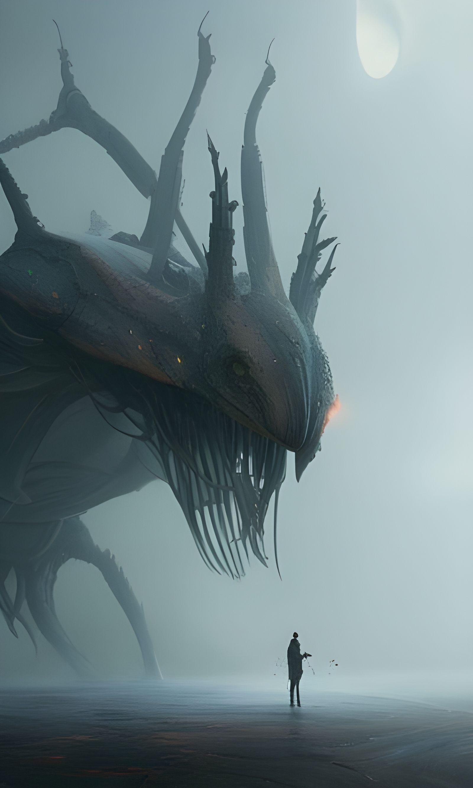 Colossal Alien Creature in Mist, Hyperdetailed Art