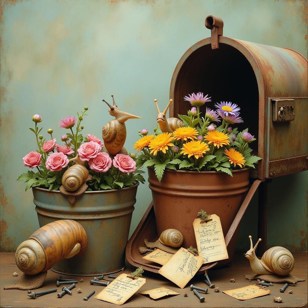 Ethereal Snails Climb Pails in Folk Art Style